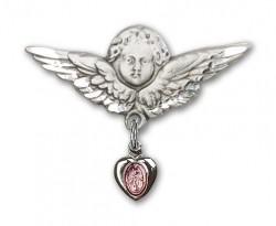 Sterling Silver Baby Pin with Pink Enamel Miraculous Charm and Angel with Larger Wings [BLBP0008]