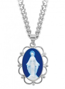 Blue Cameo Miraculous Medal Necklace Scalloped Edges [HMM3346]