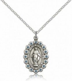 Blue Crystal Stone Border Miraculous Medal Necklace [BM0466]