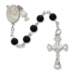 Boys Black Glass and Sacred Heart First Communion Rosary [MV1048]