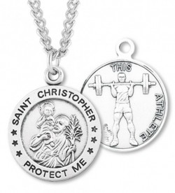 Men's Sterling Silver Round Saint Christopher Weightlifting Medal [HMM1011]