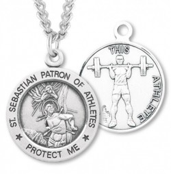 Men's Sterling Silver Round Saint Sebastian Weightlifting Medal [HMM1049]