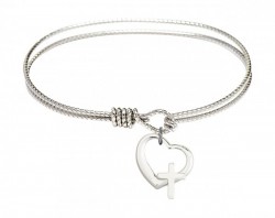 Cable Bangle Bracelet with a Heart and Cross Charm [BRC4207]