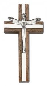 Contemporary Risen Christ Wall Cross in Walnut and Metal Inlay 4“ [CRB0023]