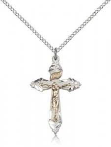 Women's Leaf Etched Crucifix Medal Two-Tone [BM0301]
