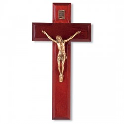 Cherry Wood and Gold-tone Corpus Wall Crucifix - 8 inch [CRX4071]