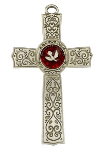 Dove Center Pewter and Red Enamel Confirmation Cross 6 Inches [MVC7755]