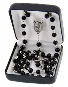 First Communion Black Wood Rosary with Chalice Centerpiece [MVCR005]