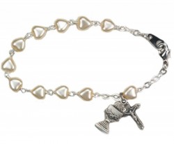 First Communion Bracelet with White Pearl Heart Shaped Beads [MVC094]