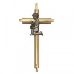 First Communion Cross Boy's Oak &amp; Brass - 7“H  [SNCR1011]