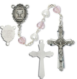 First Communion Pink and White Pearl Heart Rosary with Chalice Centerpiece [MVCR008]
