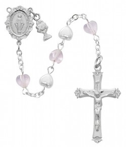 First Communion Pink and White Heart Rosary [MV1044]