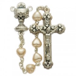First Communion White Pearl Heart Rosary with Chalice Centerpiece   [SNC0063]