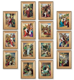 Fourteen Stations of the Cross Antique Gold Framed Canvas [HFA5347]