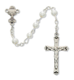 Girls Sterling Silver First Communion Faux Pearl Rosary [MVR0622]