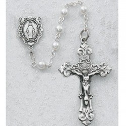 Girl's White Faux Pearl Rosary with Miraculous Centerpiece [RBMV054]