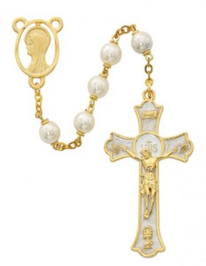 Gold Tone and White Enamel First Communion Rosary [MVRB1204]