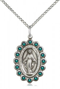 Green Crystal Stone Border Miraculous Medal Necklace [BM0468]