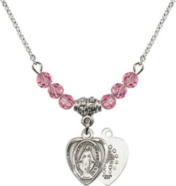 Heart Miraculous Medal with Pink Crystal Bead Necklace [BC2220]