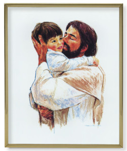 Jesus Hugging Child Gold Frame 13.5x16.5 Plaque [HFA4943]