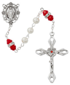 July Birthstone Rosary Ruby Pearl Glass [MVR0606]