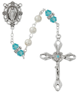 March Birthstone Rosary Aquamarine Pearl Glass [MVR0602]