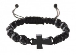 Men's Adjustable Black Wood Bead and Cross Corded Bracelet [MCBR0016]