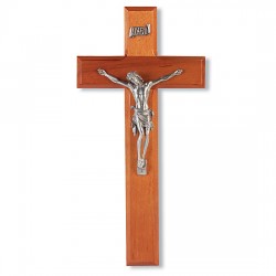 Natural Cherry and Silver-tone Corpus Wall Crucifix - 10 inch [CRX4136]