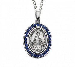 Women's Oval Blue Stone Miraculous Medal with Chain [MV0030]