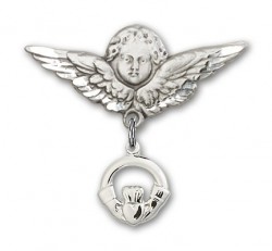 Pin Badge with Claddagh Charm and Angel with Larger Wings Badge Pin [BLBP0142]