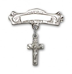 Pin Badge with Crucifix Charm and Arched Polished Engravable Badge Pin [BLBP0183]