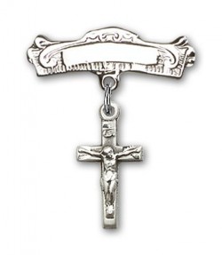 Pin Badge with Crucifix Charm and Arched Polished Engravable Badge Pin [BLBP0232]