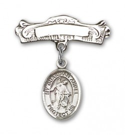 Pin Badge with Guardian Angel Charm and Arched Polished Engravable Badge Pin [BLBP1087]
