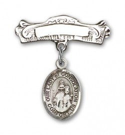 Pin Badge with Our Lady of Consolation Charm and Arched Polished Engravable Badge Pin [BLBP1911]