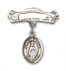 Pin Badge with Our Lady of Fatima Charm and Arched Polished Engravable Badge Pin [BLBP1318]