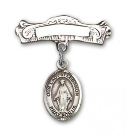Pin Badge with Our Lady of Lebanon Charm and Arched Polished Engravable Badge Pin [BLBP1486]