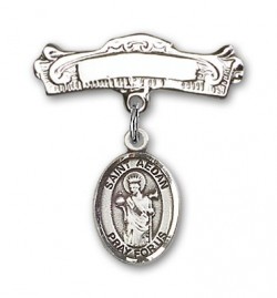 Pin Badge with St. Aedan of Ferns Charm and Arched Polished Engravable Badge Pin [BLBP1918]