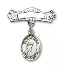 Pin Badge with St. Aidan of Lindesfarne Charm and Arched Polished Engravable Badge Pin [BLBP2338]