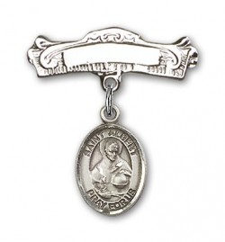 Pin Badge with St. Albert the Great Charm and Arched Polished Engravable Badge Pin [BLBP0267]