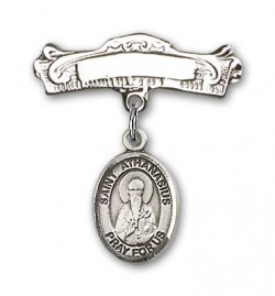 Pin Badge with St. Athanasius Charm and Arched Polished Engravable Badge Pin [BLBP1939]