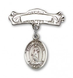 Pin Badge with St. Barbara Charm and Arched Polished Engravable Badge Pin [BLBP0302]