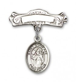 Pin Badge with St. Boniface Charm and Arched Polished Engravable Badge Pin [BLBP0323]