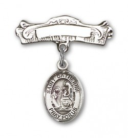 Pin Badge with St. Catherine of Siena Charm and Arched Polished Engravable Badge Pin [BLBP0358]