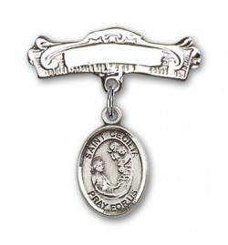 Pin Badge with St. Cecilia Charm and Arched Polished Engravable Badge Pin [BLBP0372]