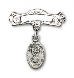 Pin Badge with St. Christopher Charm and Arched Polished Engravable Badge Pin [BLBP0159]