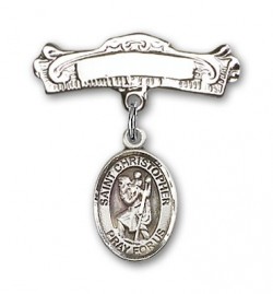 Pin Badge with St. Christopher Charm and Arched Polished Engravable Badge Pin [BLBP0415]