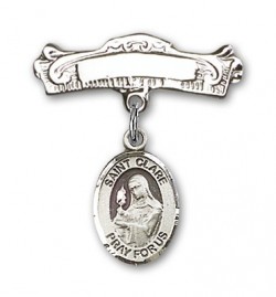 Pin Badge with St. Clare of Assisi Charm and Arched Polished Engravable Badge Pin [BLBP0457]