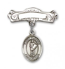 Pin Badge with St. Florian Charm and Arched Polished Engravable Badge Pin [BLBP0499]