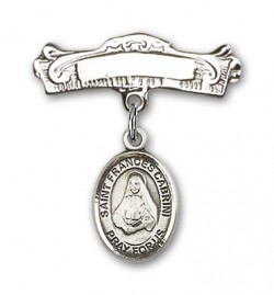 Pin Badge with St. Frances Cabrini Charm and Arched Polished Engravable Badge Pin [BLBP0337]