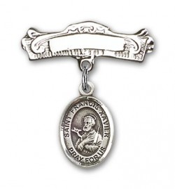 Pin Badge with St. Francis Xavier Charm and Arched Polished Engravable Badge Pin [BLBP0520]
